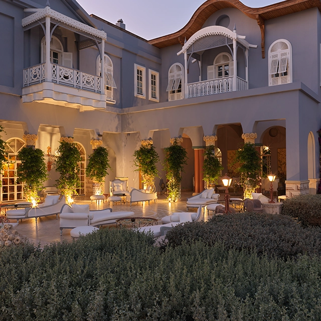 Scenic sunset relaxation area at La Maison Bleue el Gouna, offering a serene setting for guests to unwind and enjoy the evening ambiance.