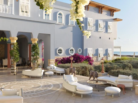 Scenic relaxation area bathed in beautiful sunlight at La Maison Bleue el Gouna.